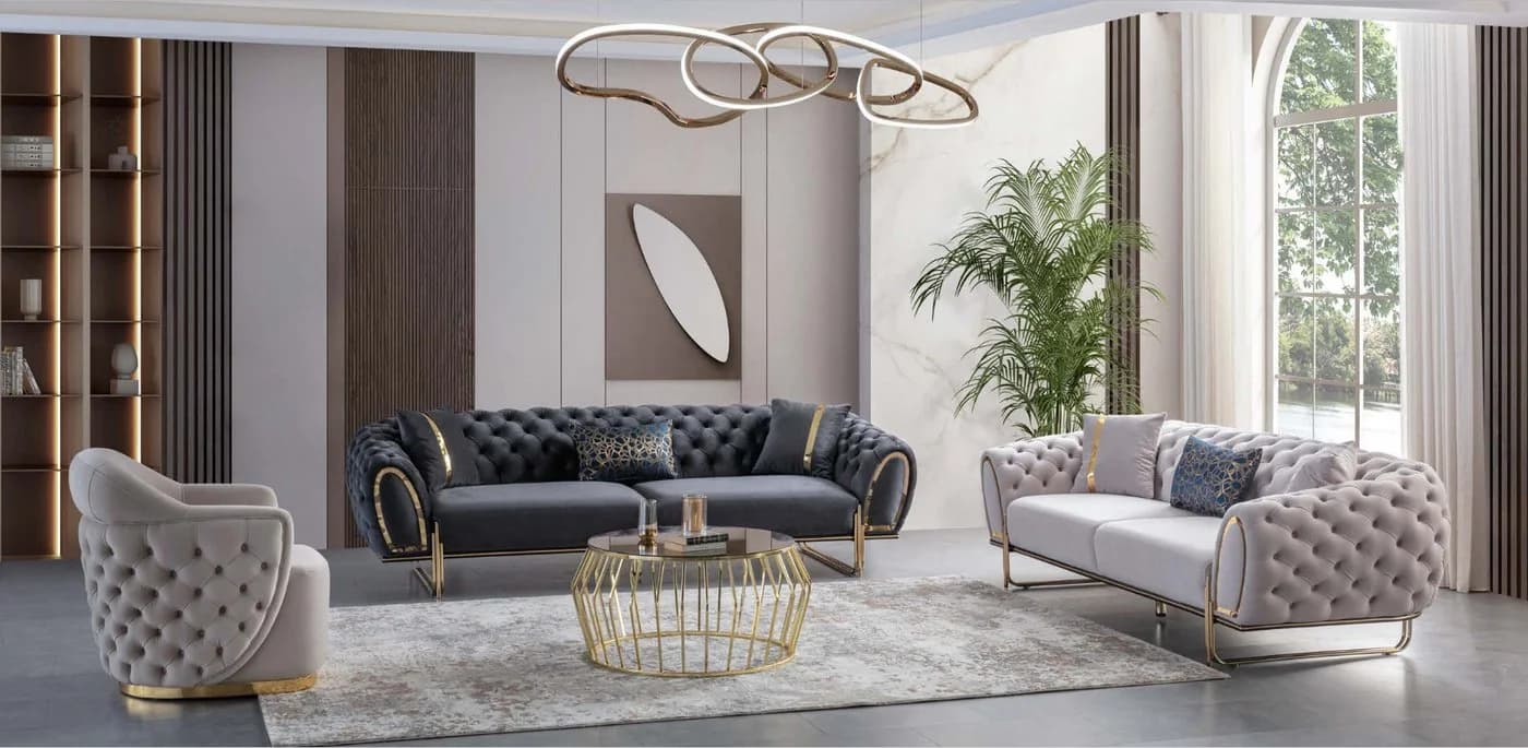 JVmoebel Chesterfield-Sofa Weiß mit Edelstahl-Akzenten