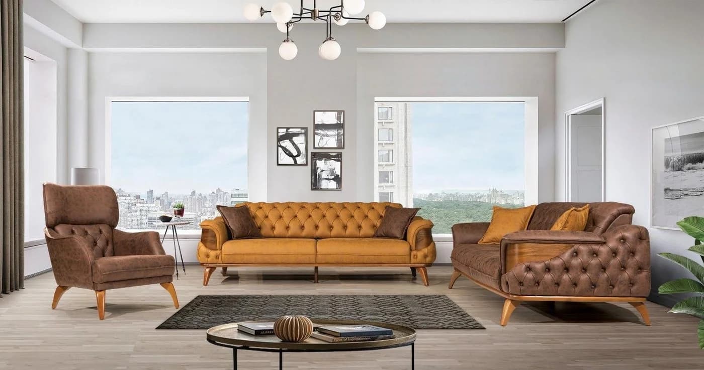 JVmoebel Chesterfield-Sofa Braun Leder mit Zierkissen - Bild 5