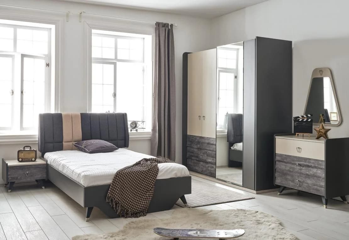 JVmoebel Jugendzimmer-Set 7-tlg. Grau Holz & Glas