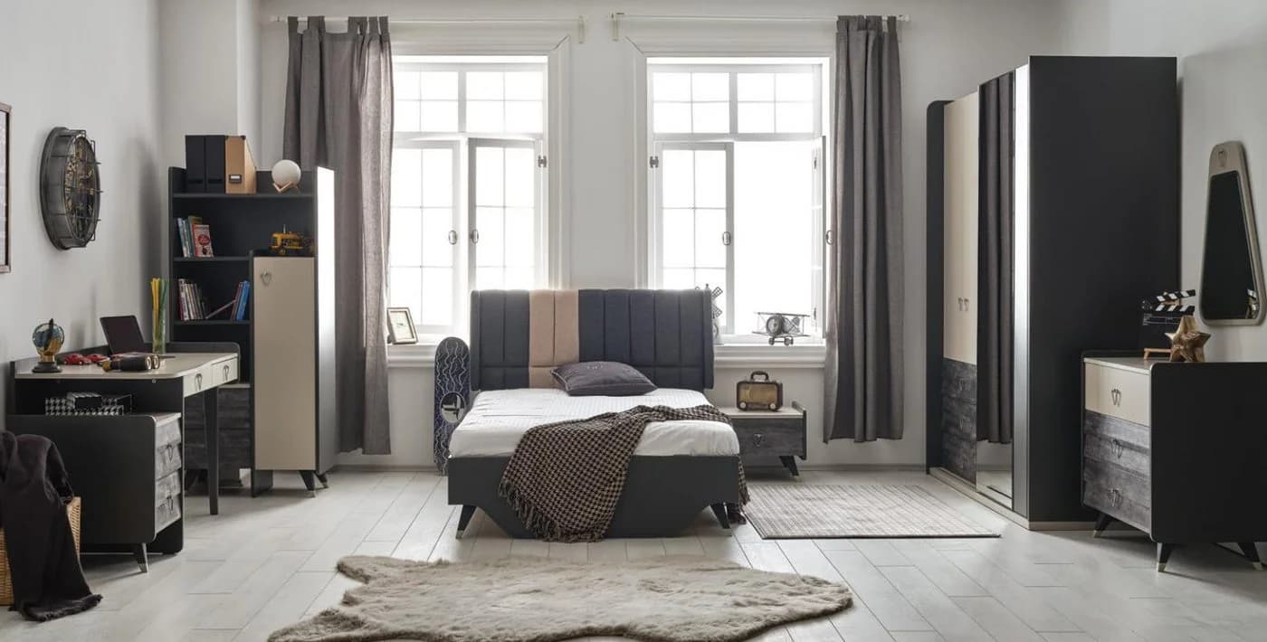 JVmoebel Jugendzimmer-Set 7-tlg. Grau Holz & Glas - Bild 2