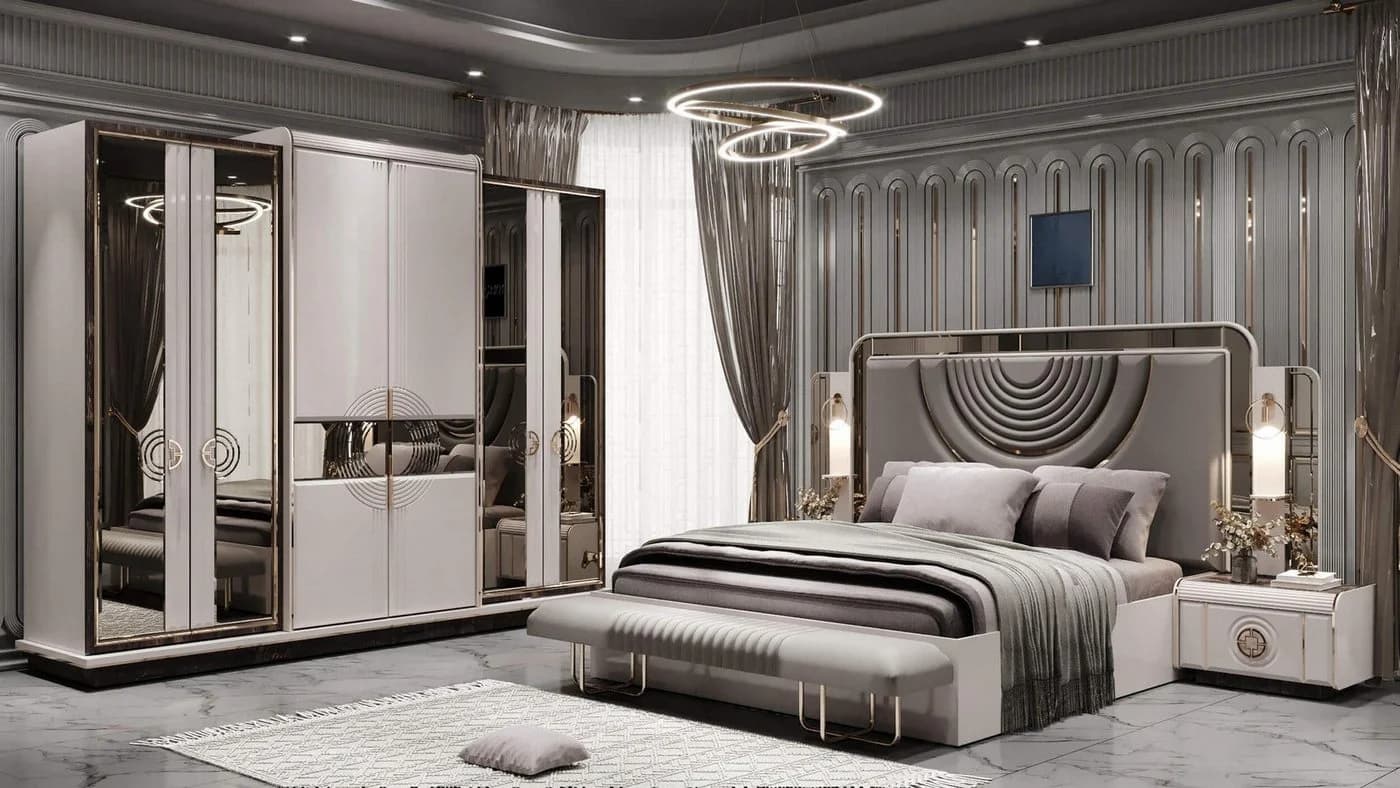 JVmoebel Schlafzimmer-Set 5-tlg. Grau Polsterbett Kleiderschrank