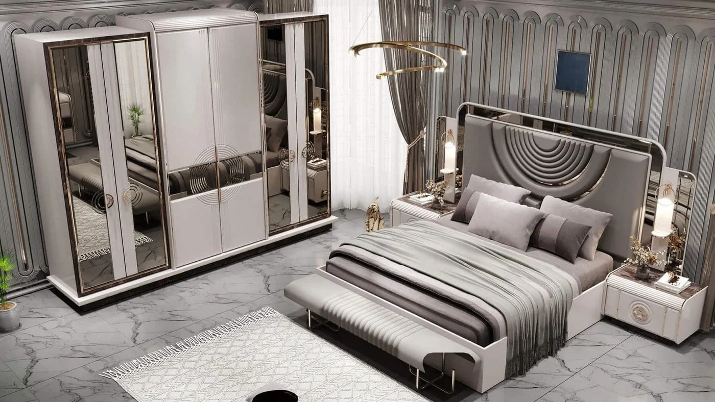 JVmoebel Schlafzimmer-Set 5-tlg. Grau Polsterbett Kleiderschrank - Bild 2