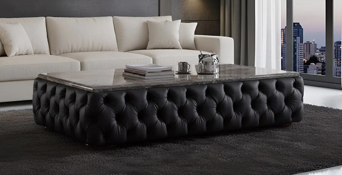 JVmoebel Chesterfield Couchtisch mit Marmorplatte und Lederoptik blau