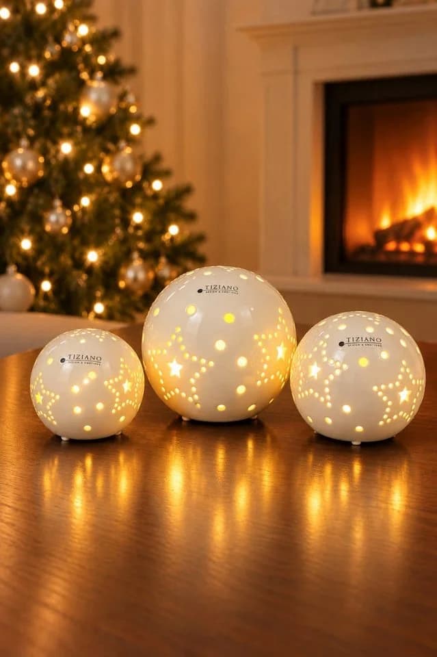 TIZIANO Deko Lichtkugel Tazzola LED Creme Keramik