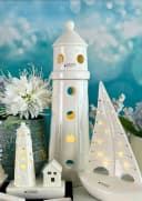 TIZIANO LED Leuchtturm Farol Deko Figur Weiß Keramik mit Timer Bild 2
