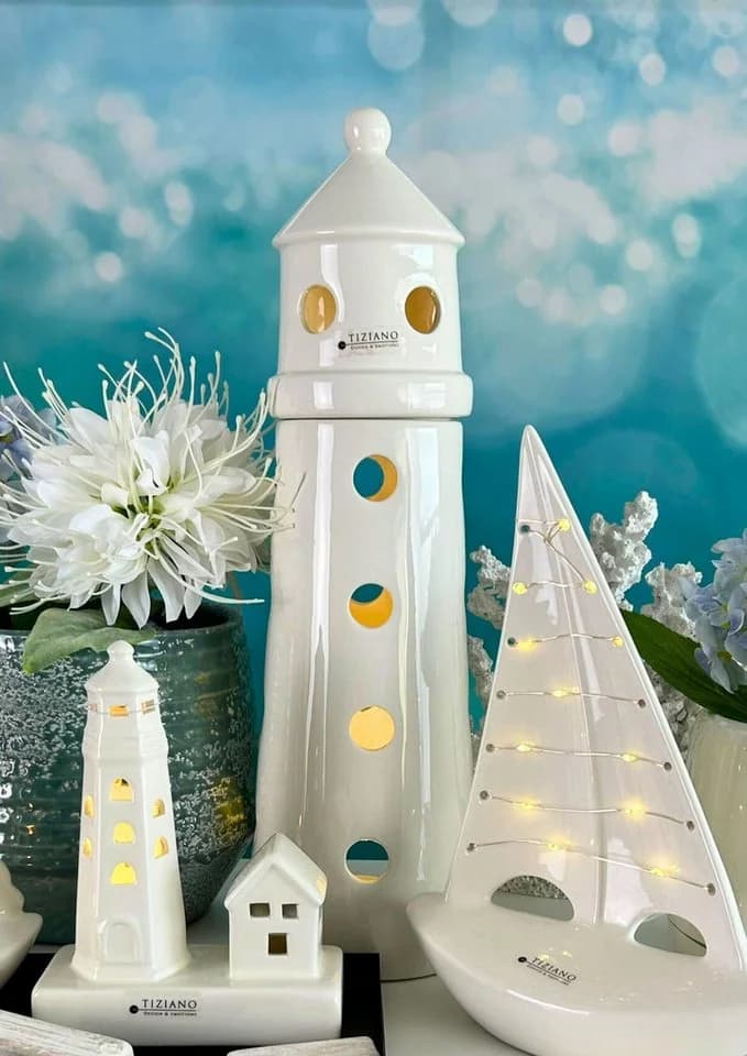 TIZIANO LED Leuchtturm Farol Deko Figur Weiß Keramik mit Timer - Bild 2
