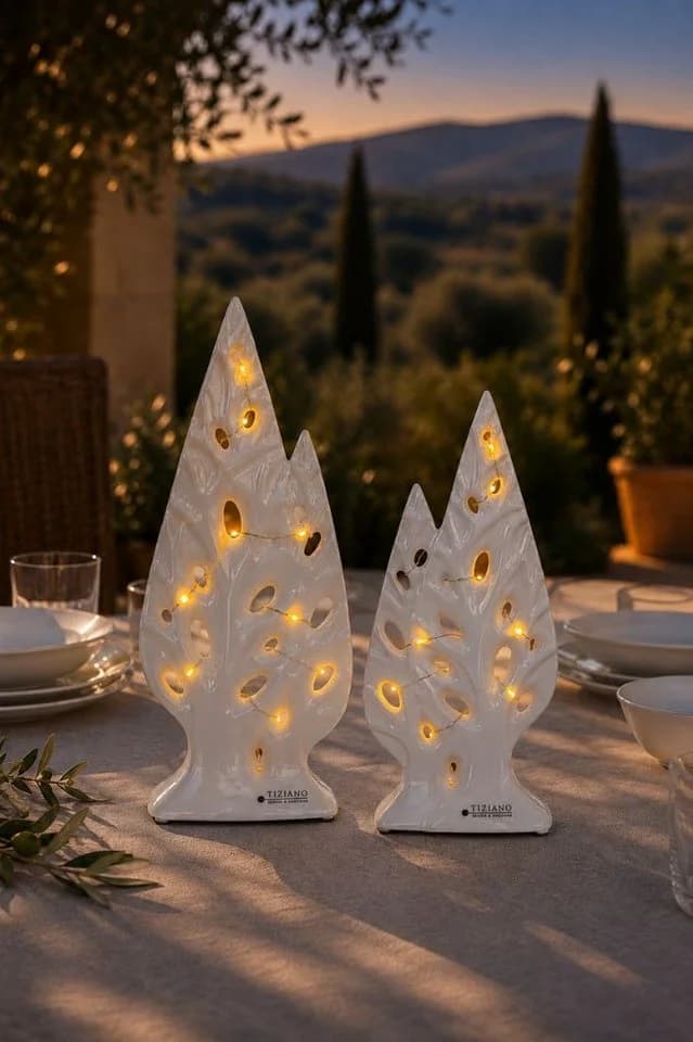 TIZIANO Dekoobjekt Doppelbaum Cipresso LED weiß-creme Keramik