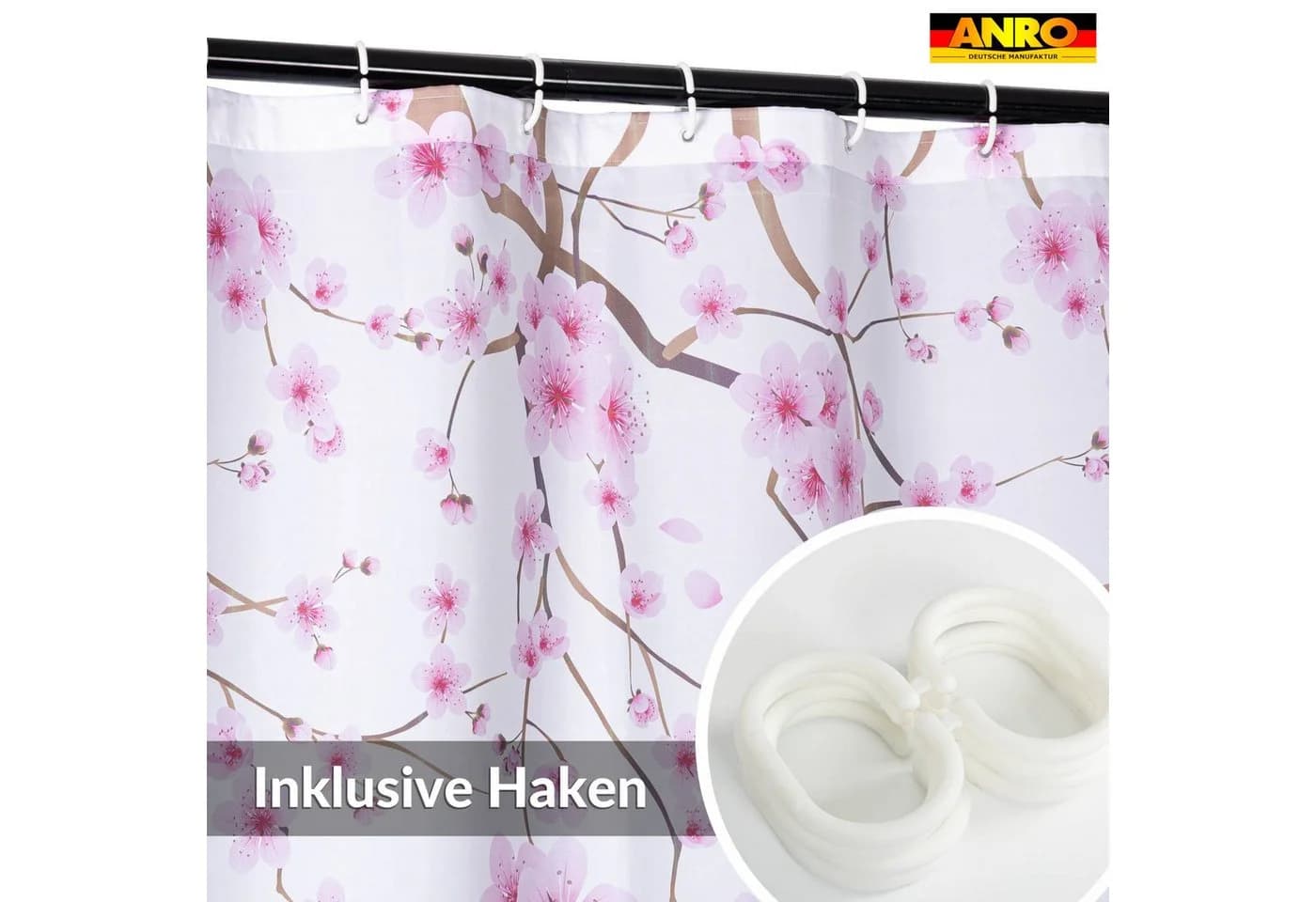 ANRO Duschvorhang FASTY Sakura Anti-Schimmel Polyester Rosa