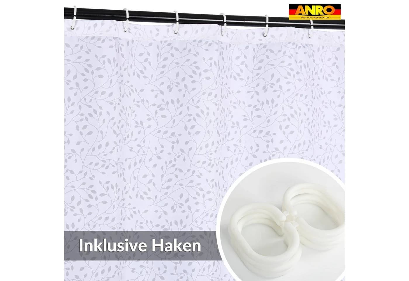 ANRO Duschvorhang FASTY Grau Blätter Anti-Schimmel Polyester