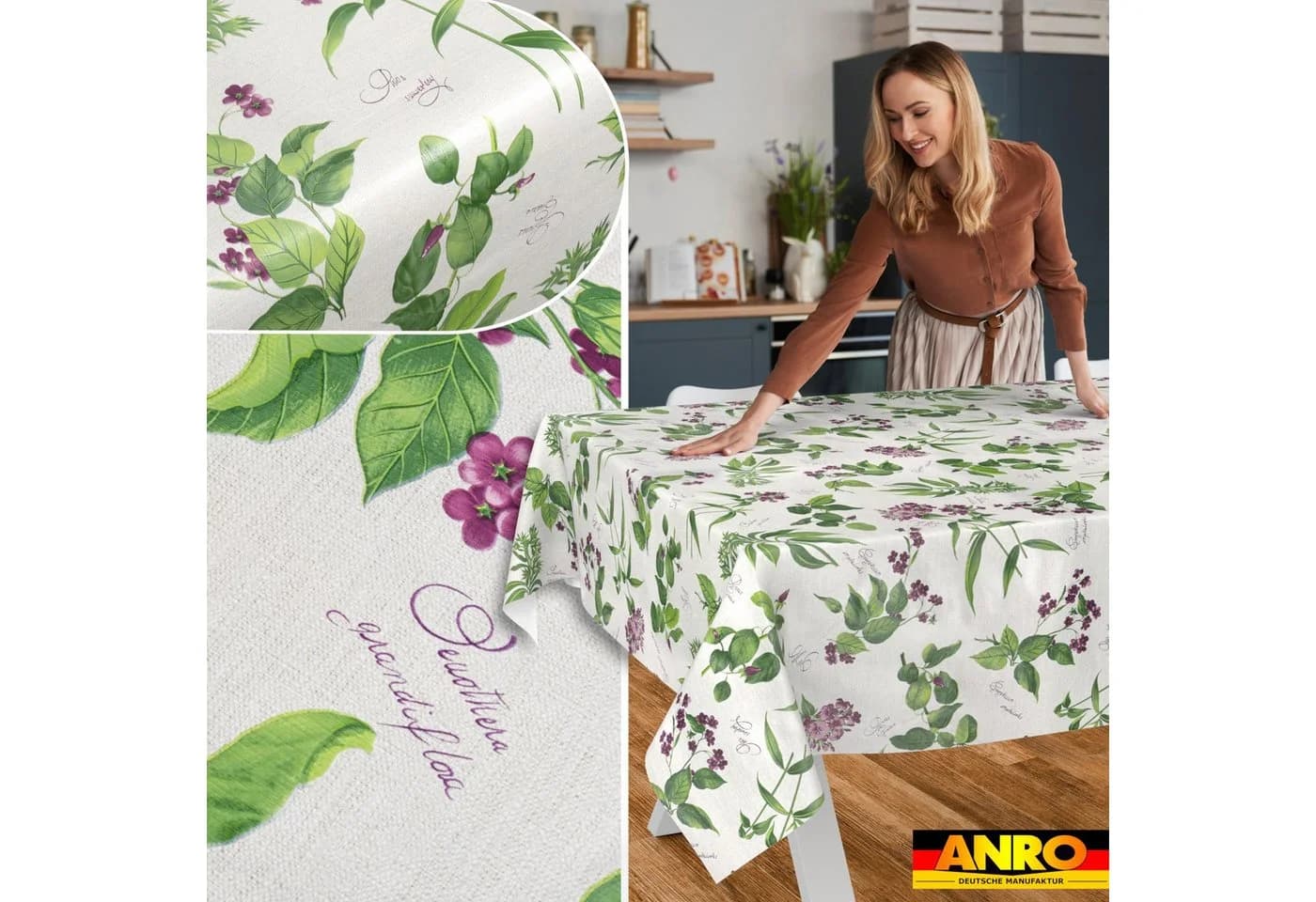 ANRO Tischdecke Feldblumen abwaschbar Wachstuch Grün 140cm - Bild 5