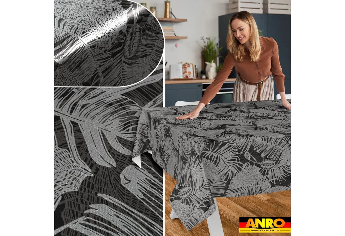 ANRO Wachstuch-Tischdecke Schwarz wasserabweisend pflegeleicht - Bild 5
