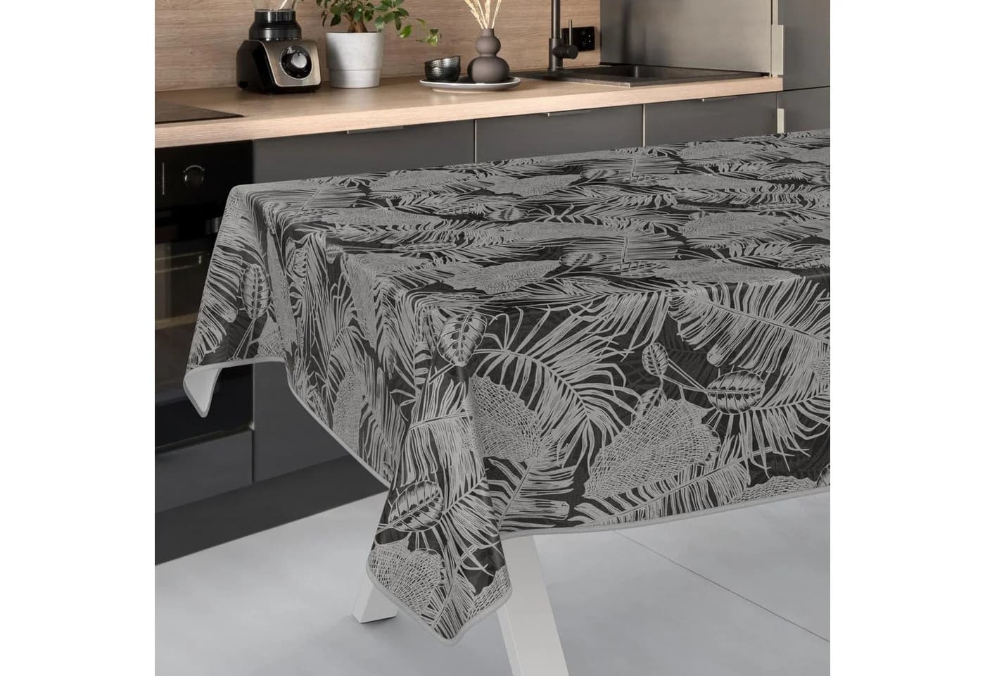 ANRO Wachstuchtischdecke Schwarz Silber Blattmotiv abwasbar