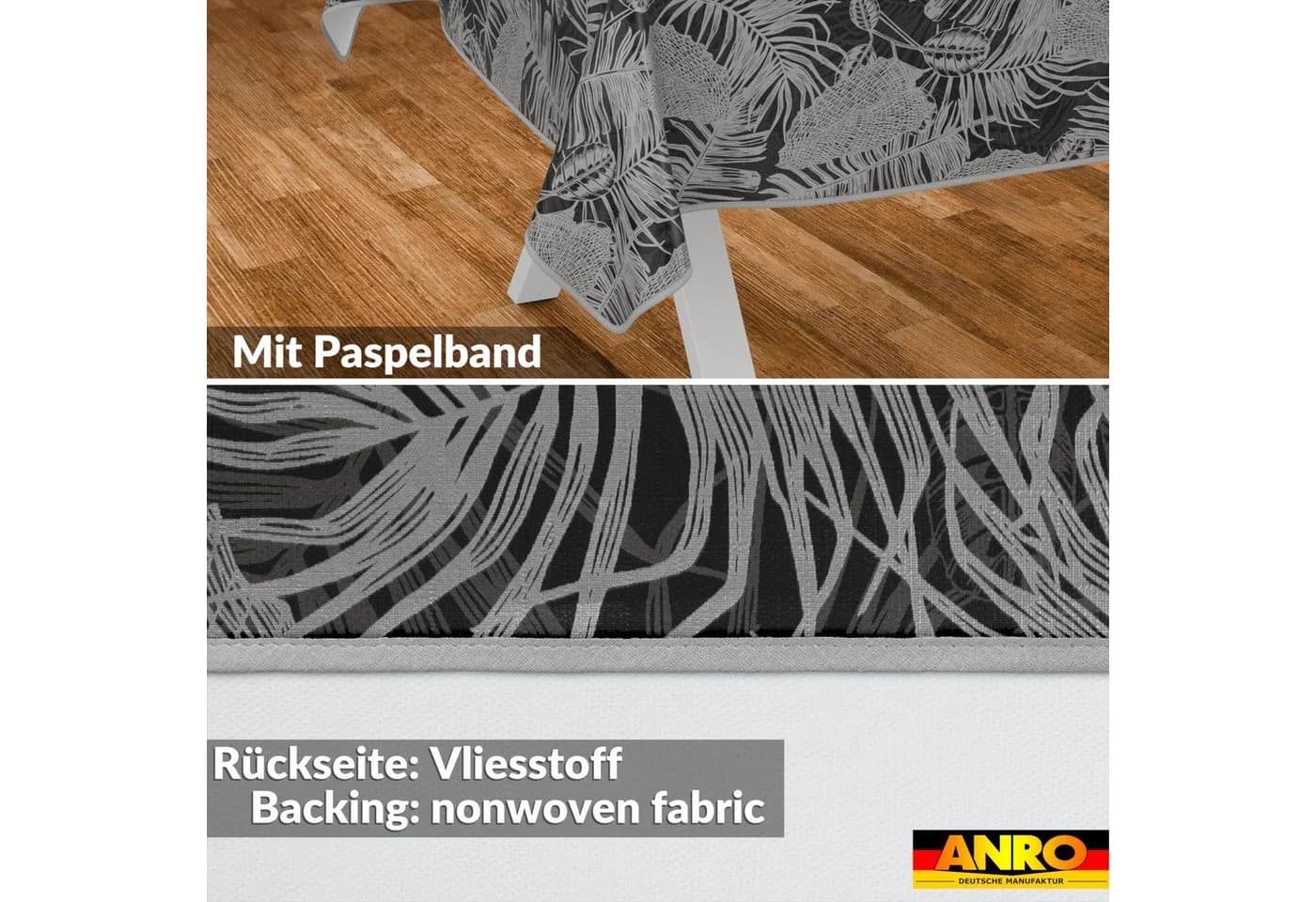 ANRO Wachstuchtischdecke Schwarz Silber Blattmotiv abwasbar - Bild 3