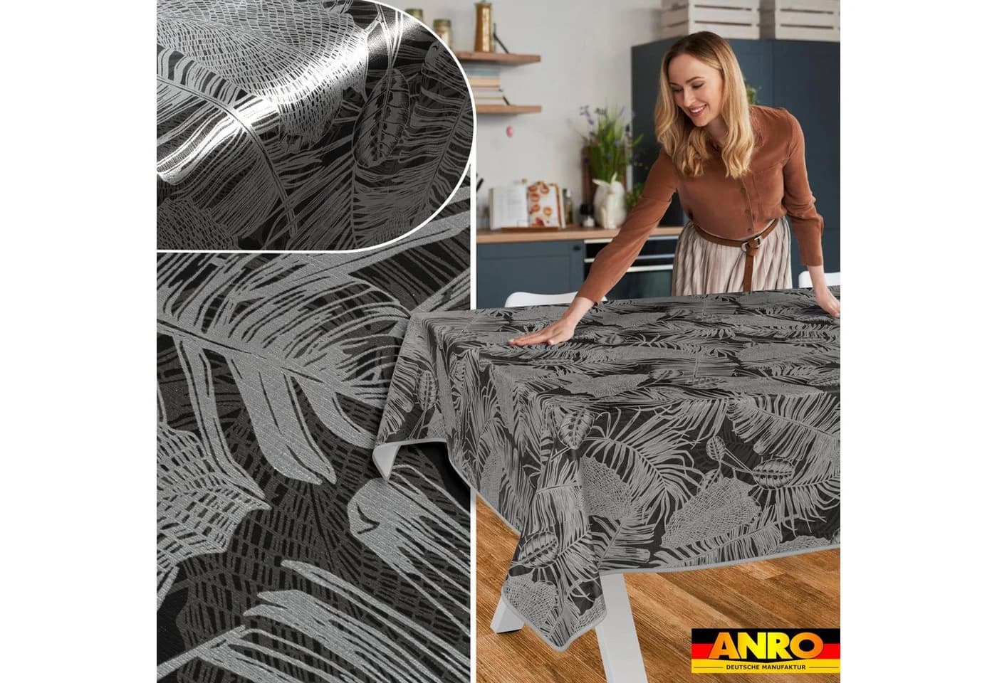 ANRO Wachstuchtischdecke Schwarz Silber Blattmotiv abwasbar - Bild 5