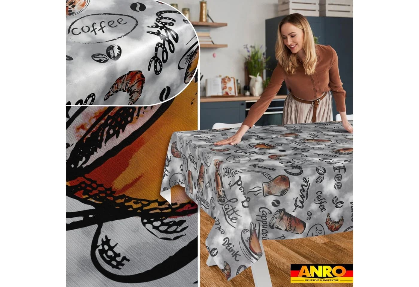 ANRO Wachstuch Tischdecke Grau Braun Kaffee-Motiv Abwaschbar - Bild 5