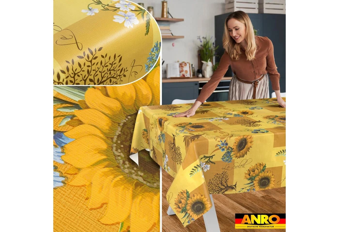 ANRO Tischdecke Sonnenblume Abwaschbar Wachstuch Gelb 140cm - Bild 5
