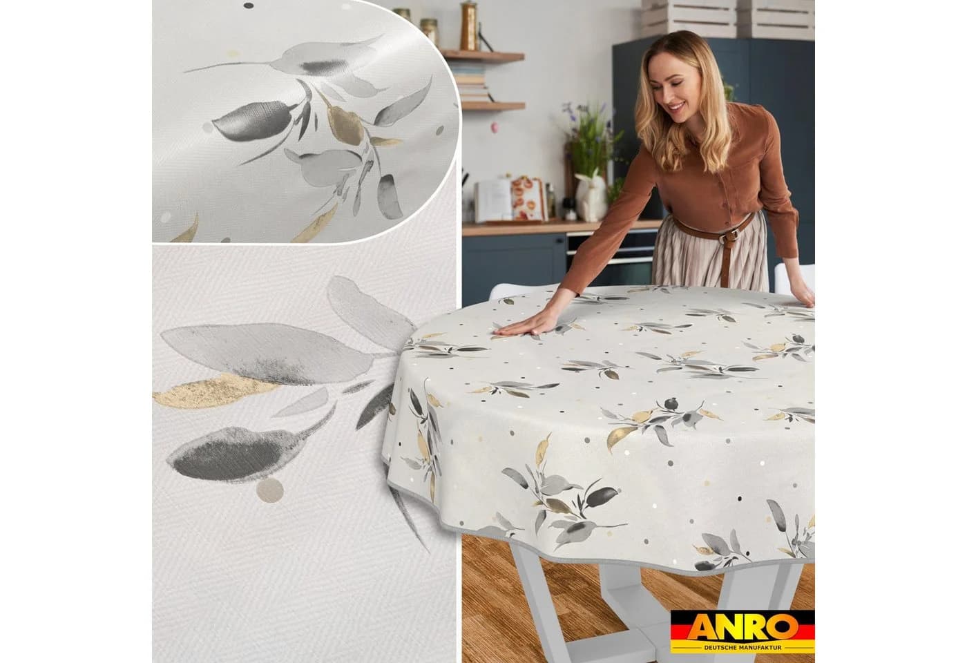 ANRO Wachstuch Tischdecke Silberblatt Grau Rund 100cm - Bild 5