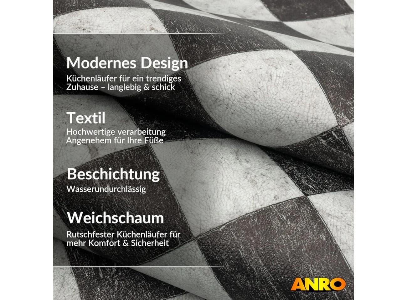 ANRO Küchenläufer Vintage Schwarz abwasbar 67x100cm