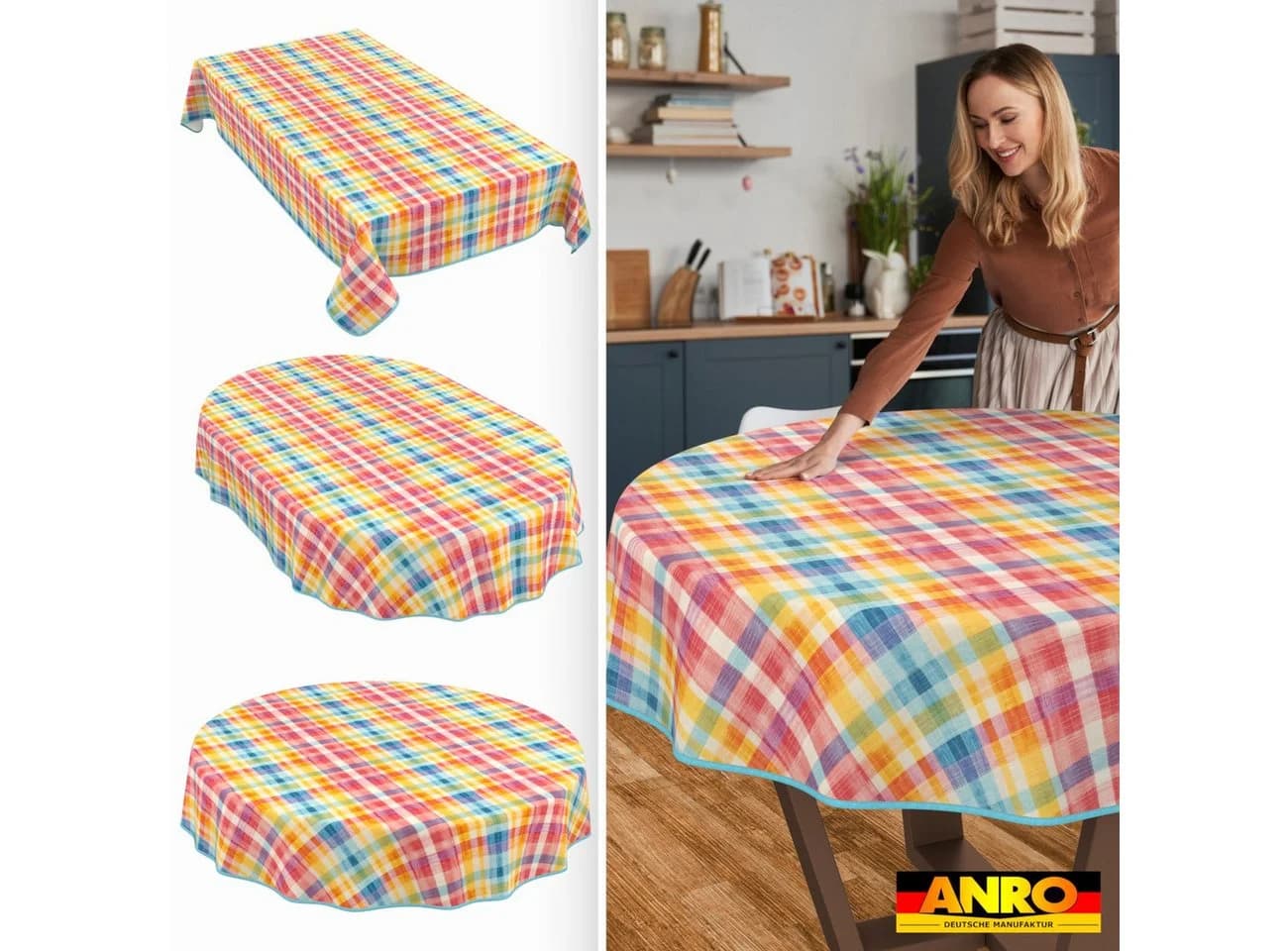 ANRO Tischdecke Barcelona Bunt Oldschool Karo wasserabweisend