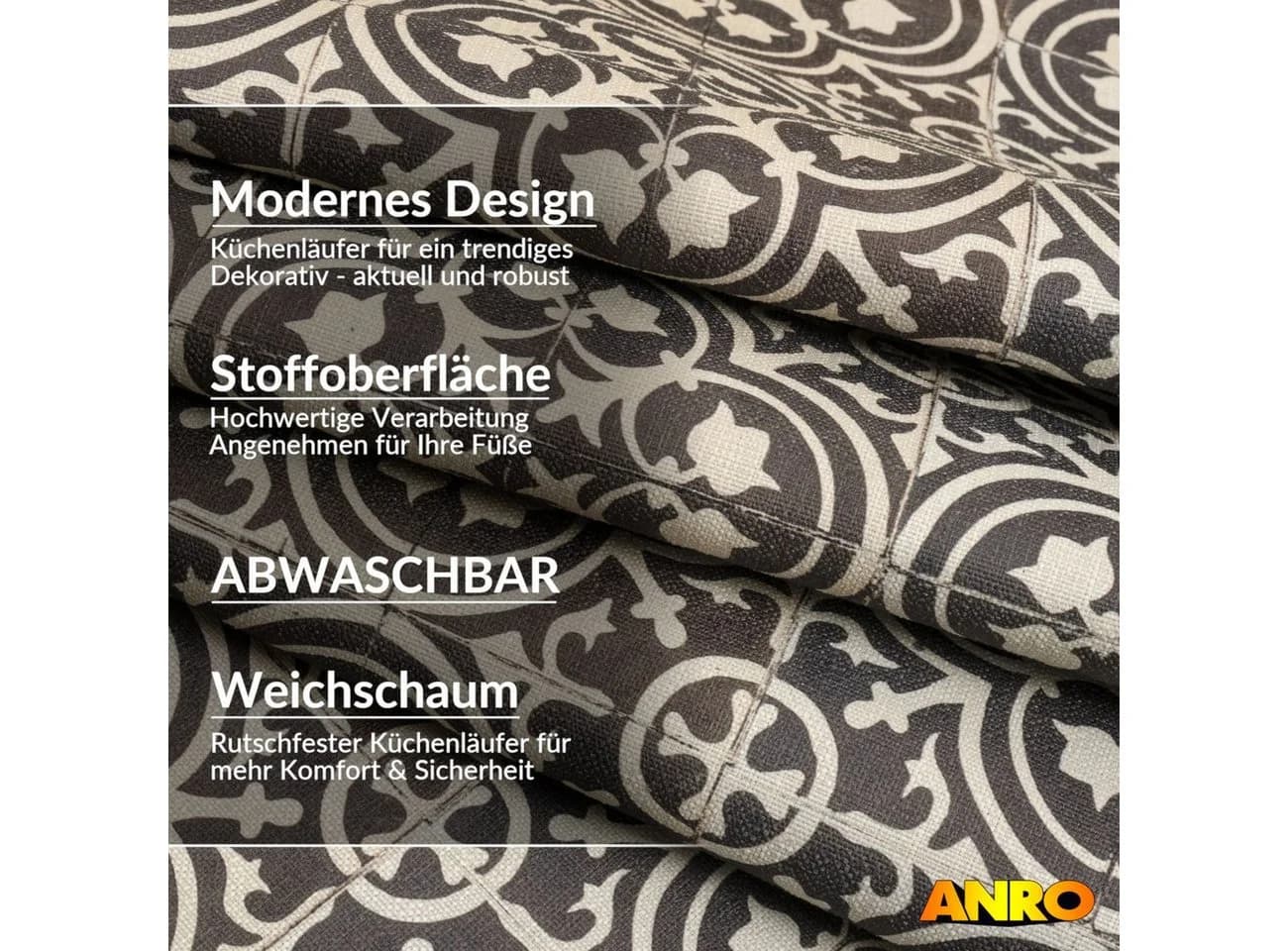 ANRO Küchenläufer Premium Arabesk RUNNA Vintage Schwarz