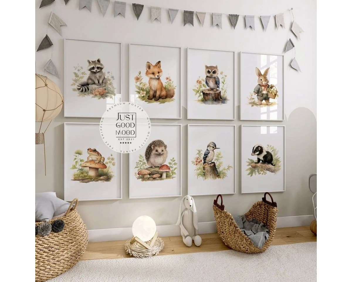 JUSTGOODMOOD Poster Kinderzimmer Tiere Wasserfarben Waschbär Baumwolle - Bild 2