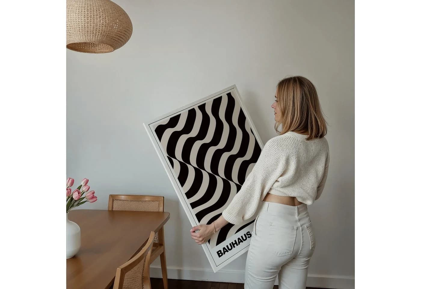 JUSTGOODMOOD Poster Bauhaus Abstrakte Kunst Wellenmuster Beige Schwarz