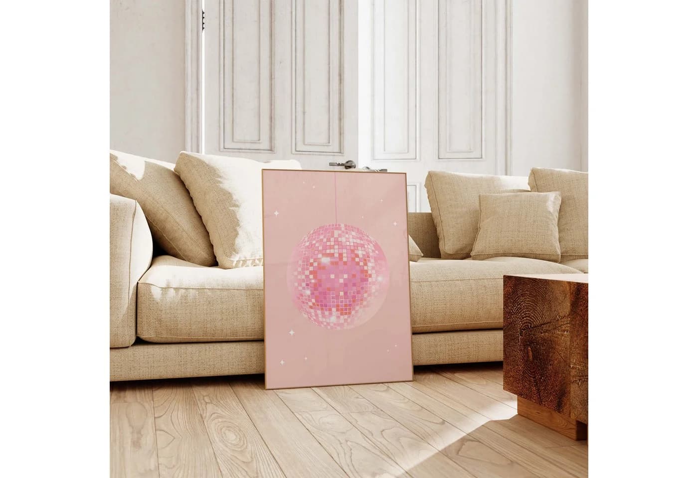 JUSTGOODMOOD Poster Disco Kugel Pink Retro Party Ästhetik Glitzer Spiegelball