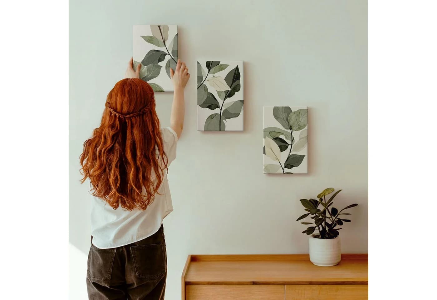 Tulup 3er Leinwandbild-Set Grün Boho-Pflanzenblätter Kiefernholzrahmen