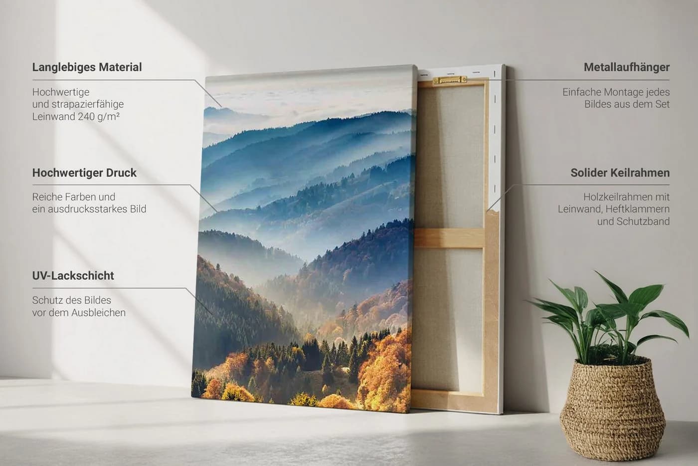 Tulup 3er Leinwandbild-Set Grün Boho-Pflanzenblätter Kiefernholzrahmen - Bild 3