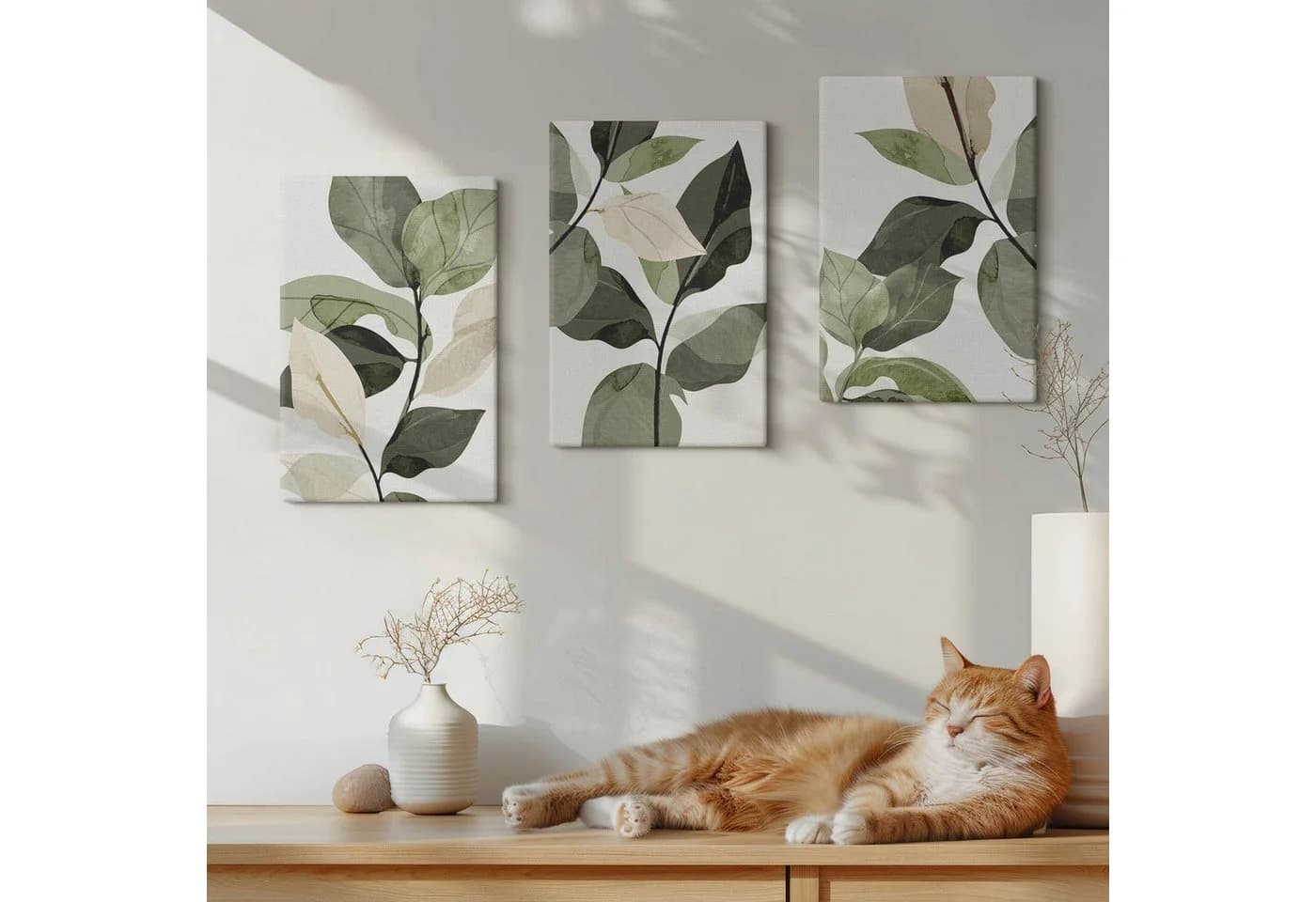 Tulup 3er Leinwandbild-Set Grün Boho-Pflanzenblätter Kiefernholzrahmen - Bild 4