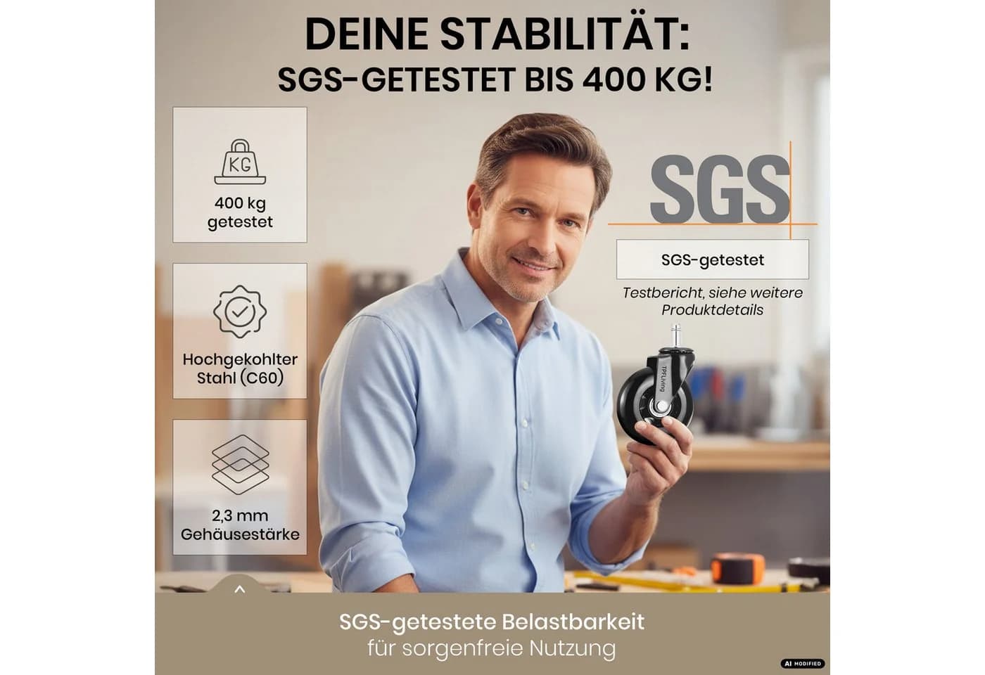 TPFLiving Bürostuhlrollen 5er Set Schwarz 10x22mm Premium