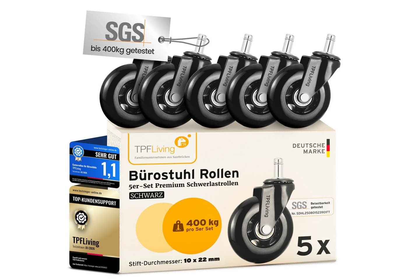 TPFLiving Bürostuhlrollen 5er Set Schwarz 10x22mm Premium - Bild 2