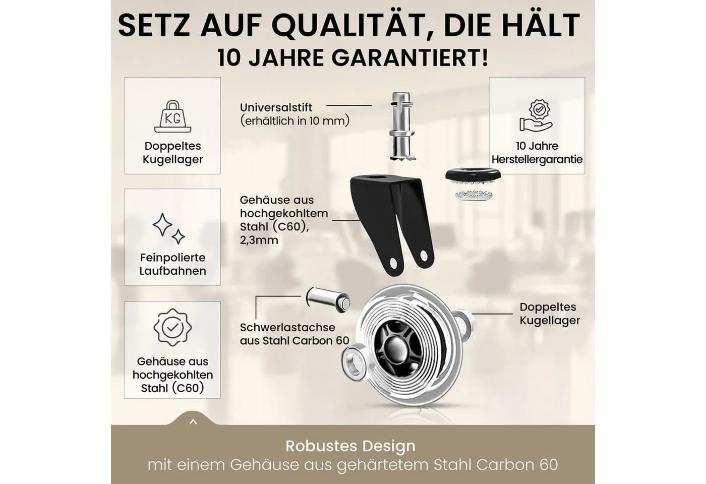 TPFLiving Bürostuhlrollen 5er Set Schwarz 10x22mm Premium - Bild 4