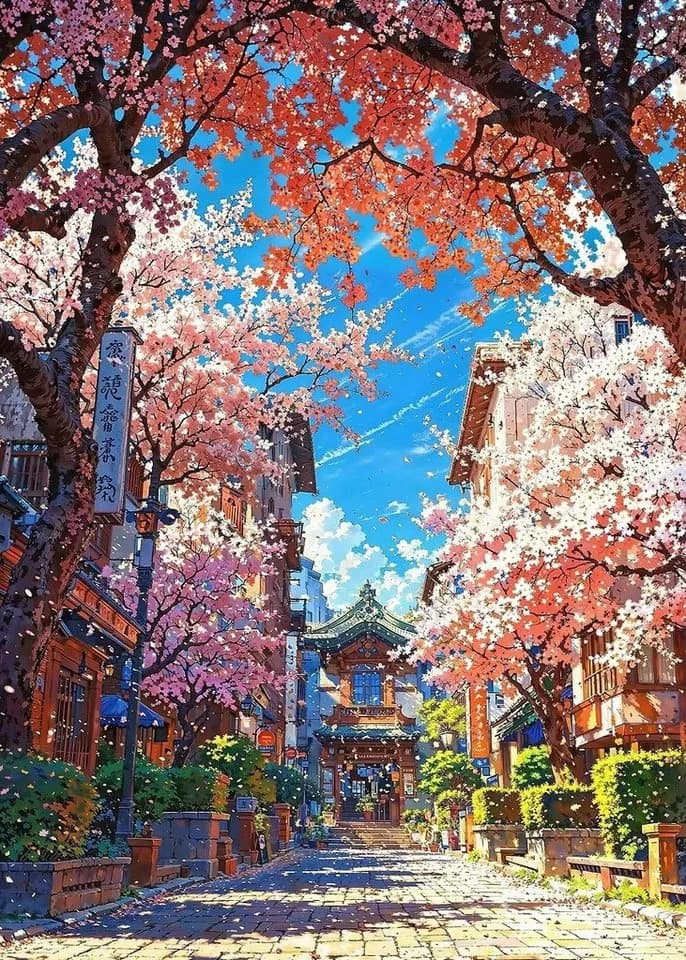 TPFLiving Leinwand-Kunstdruck Japanisches Kirschblütendorf Rosa/Blau - Bild 2
