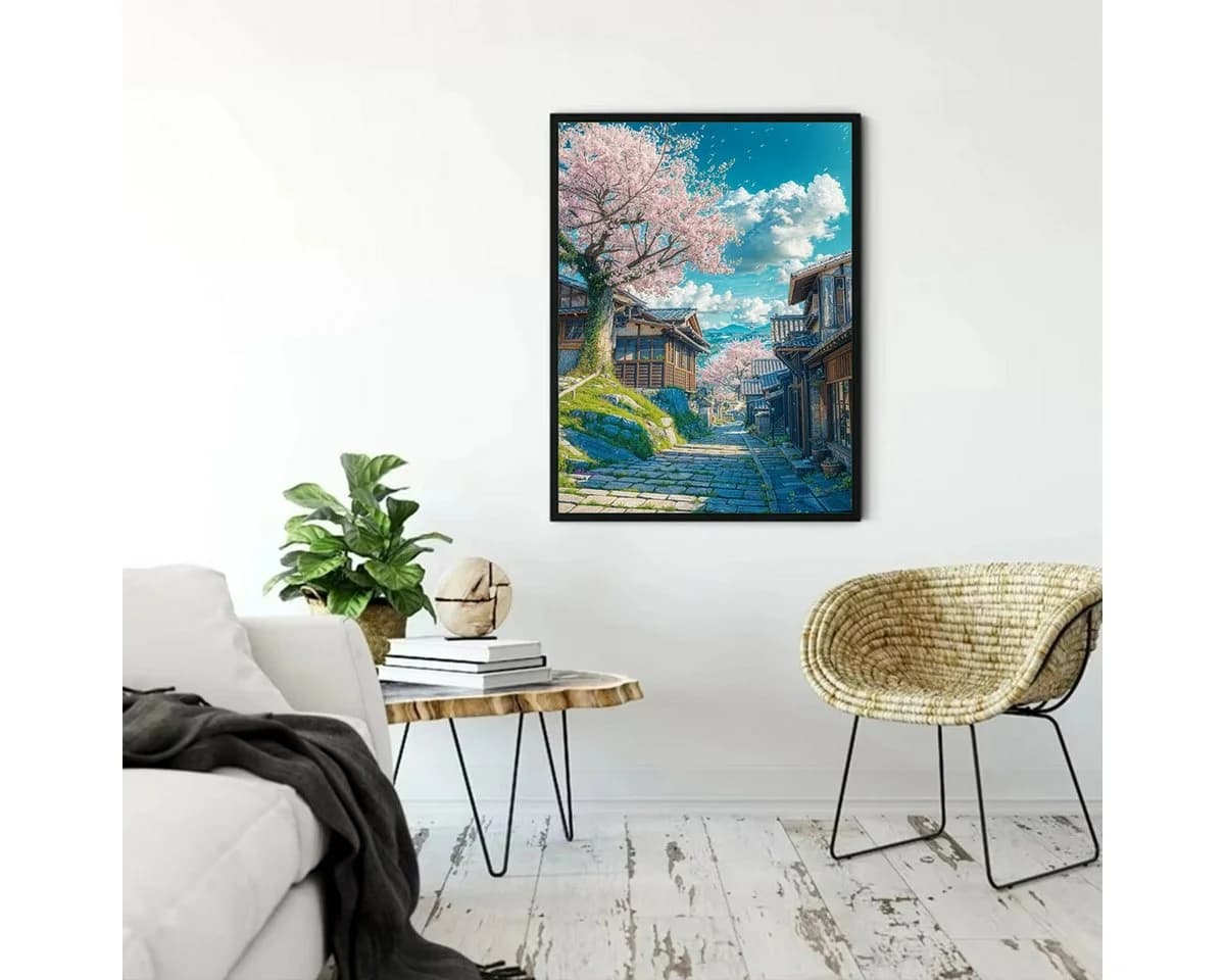 TPFLiving Leinwand-Kunstdruck Japanisches Kirschblütendorf Rosa/Blau - Bild 4