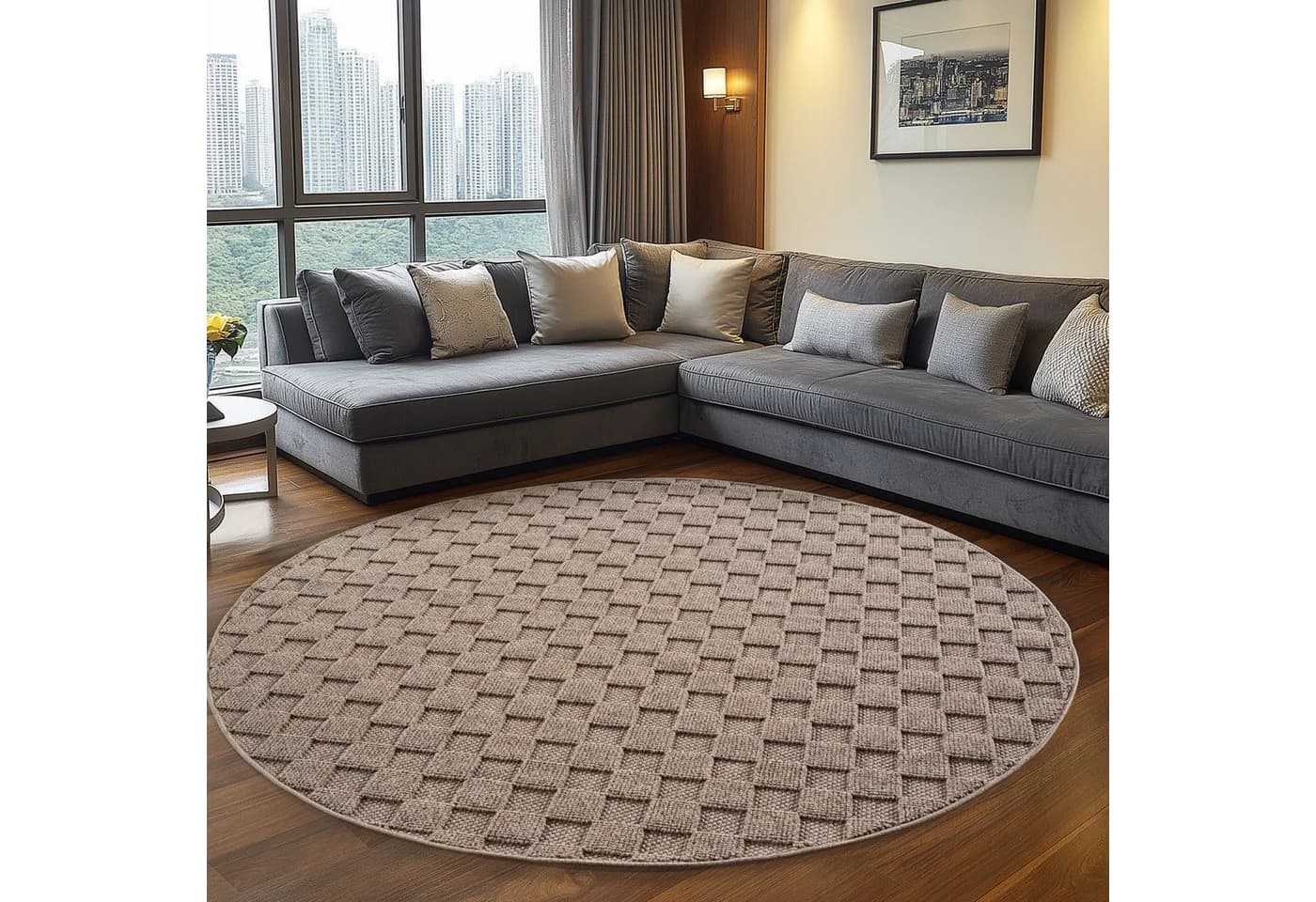 Teppium Bouclé-Teppich Beige/Braun Karomuster Rund - Bild 2