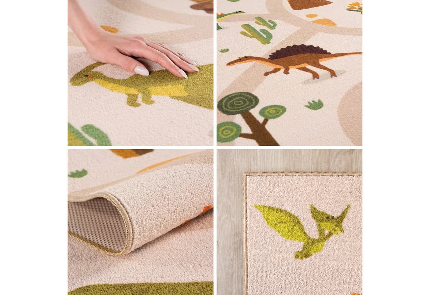 Teppium Kinderteppich Bunte Dino Welt Beige Grün Rechteckig