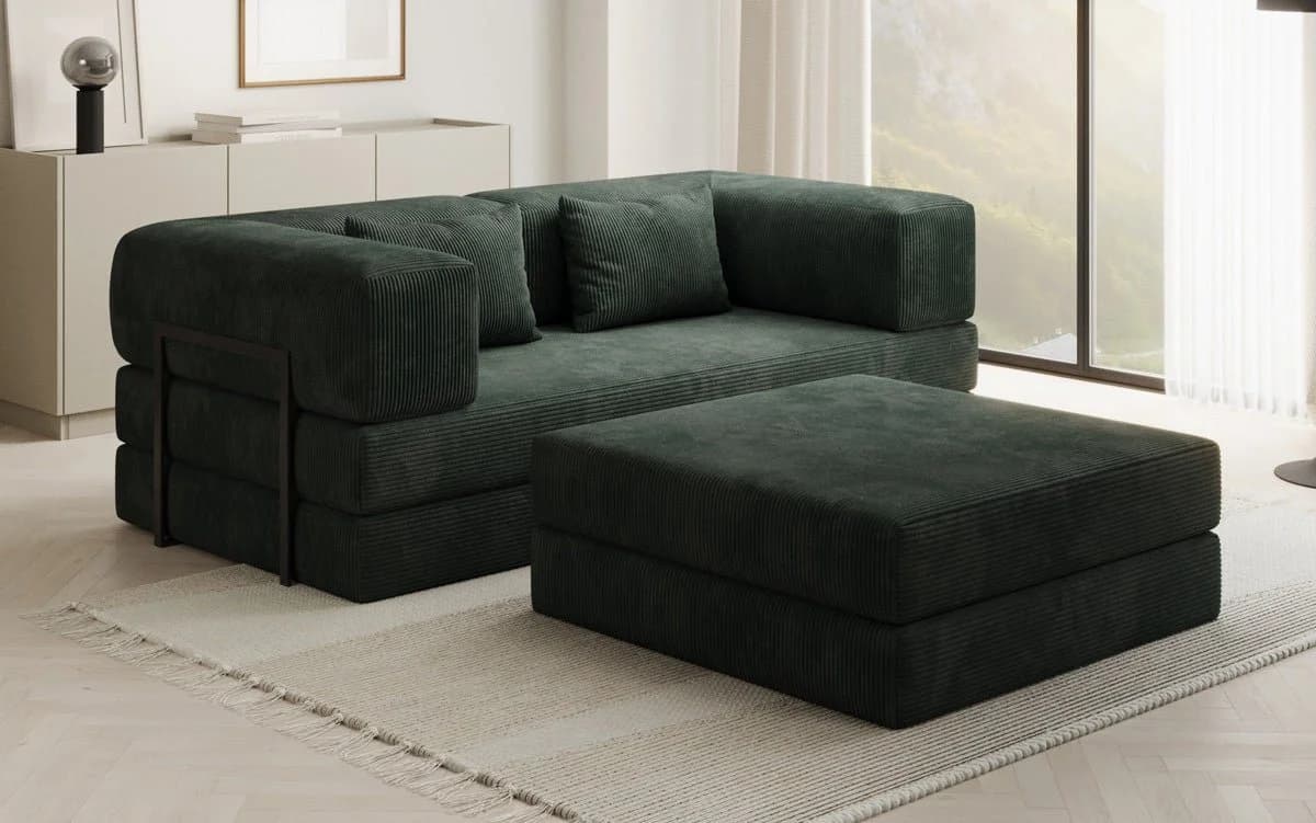 Luxusbetten24 Schlafsofa Lazy Spar-Set 3-Sitzer Cord Grün mit Hocker - Bild 2