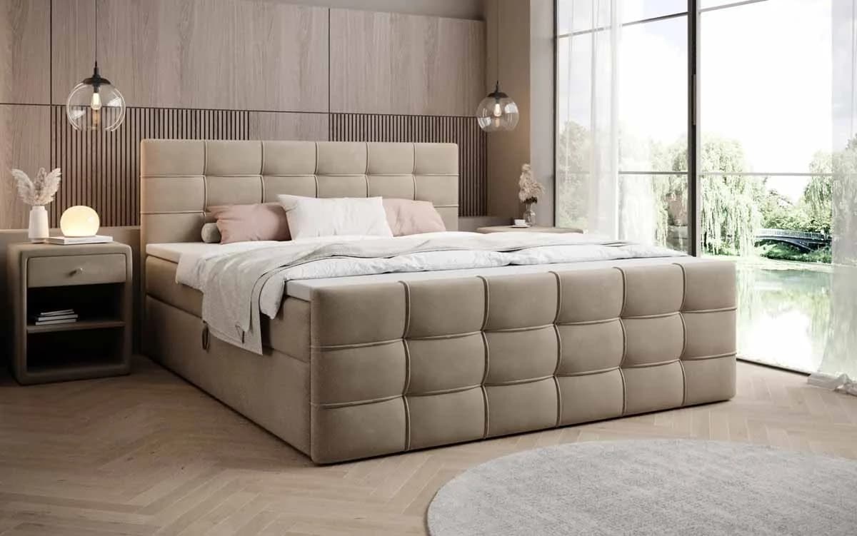 Luxusbetten24 Boxspringbett Luxor in Samt Beige mit Stauraum