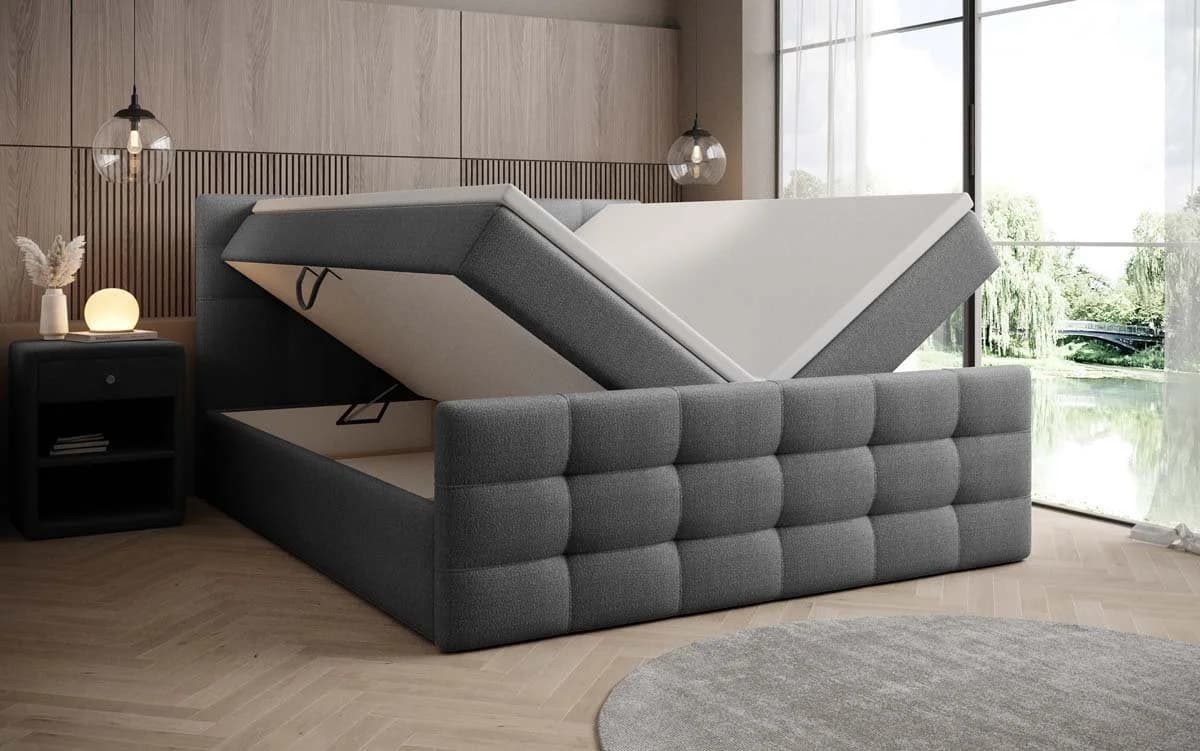 Luxusbetten24 Boxspringbett Luxor in Bouclé mit Stauraum grau