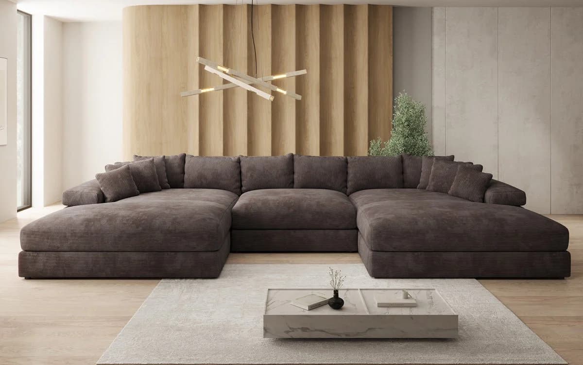 Luxusbetten24 Designer Sofa Bernardo U in Cord Braun mit breiter Ottomane