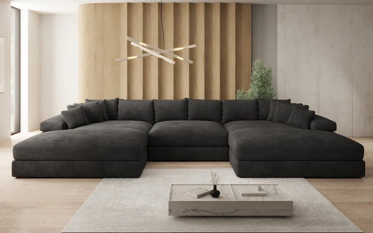 Luxusbetten24 Designer Sofa Bernardo U Cord Schwarz mit Ottomane