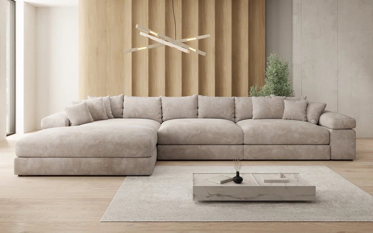 Luxusbetten24 Designer Sofa Bernardo L Maxi Cord Beige mit Ottomane