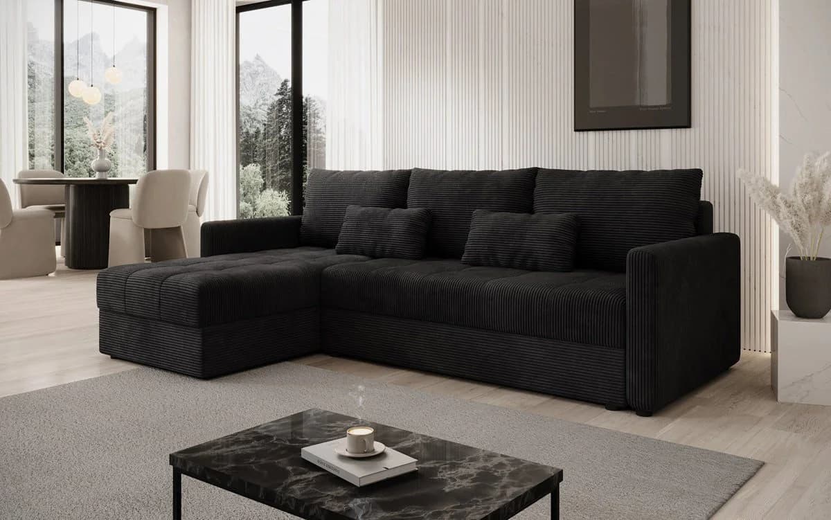 Luxusbetten24 Schlafsofa Roma Cord Schwarz mit Stauraum