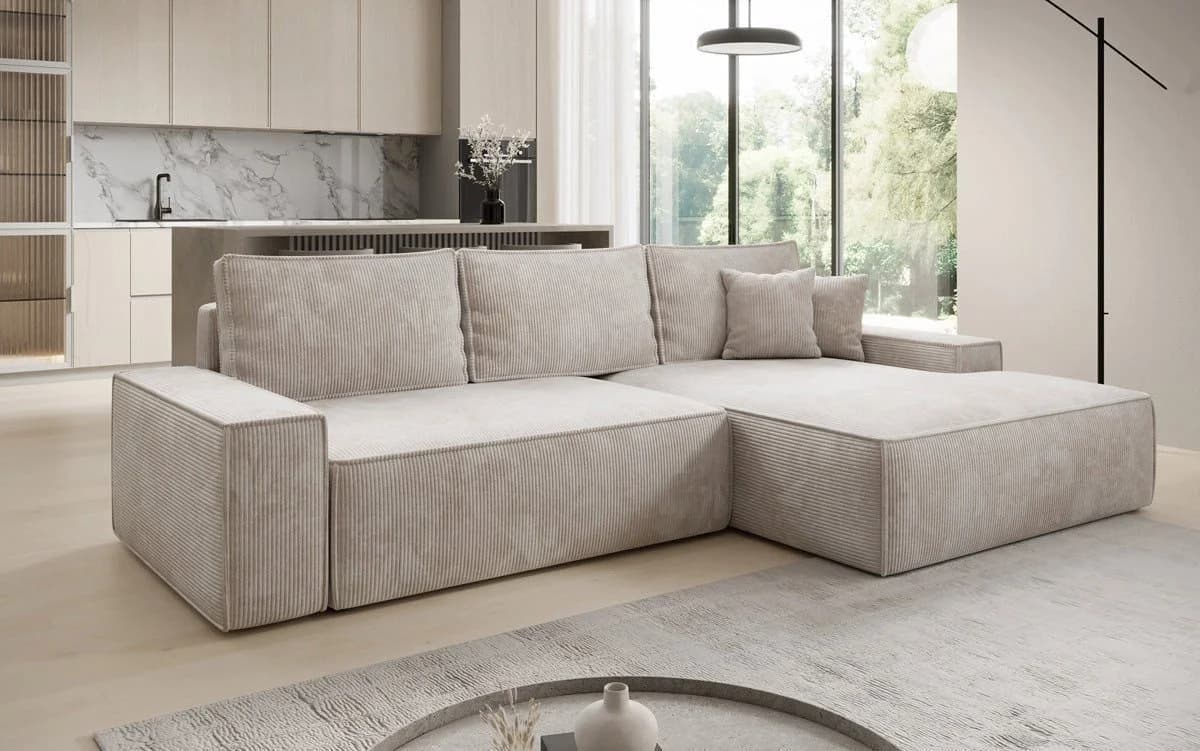 Luxusbetten24 Schlafsofa Verona Beige mit Ottomane und Stauraum