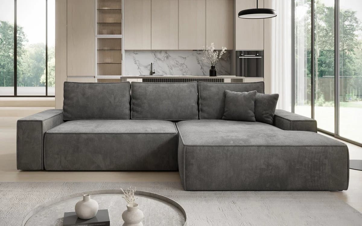 Luxusbetten24 Schlafsofa Verona Grau mit breiter Ottomane und Schlaffunktion