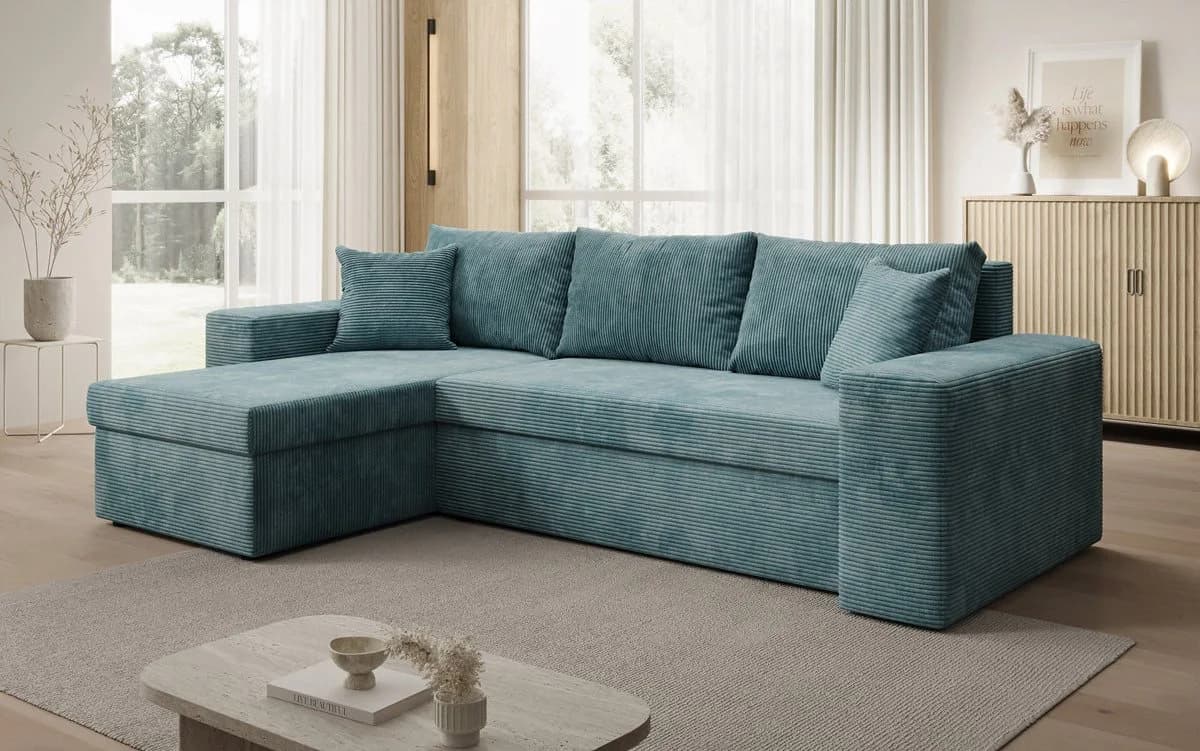 Luxusbetten24 Schlafsofa Denver Cord Petrol mit Stauraum und Schlaffunktion