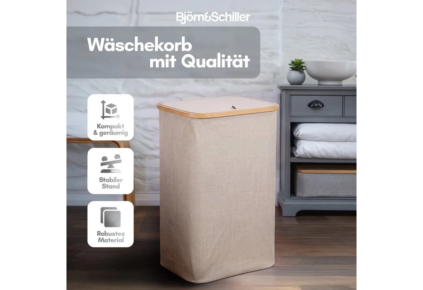 Björn&Schiller Wäschekorb mit Deckel 105L 2 Fächer Beige/Rosa