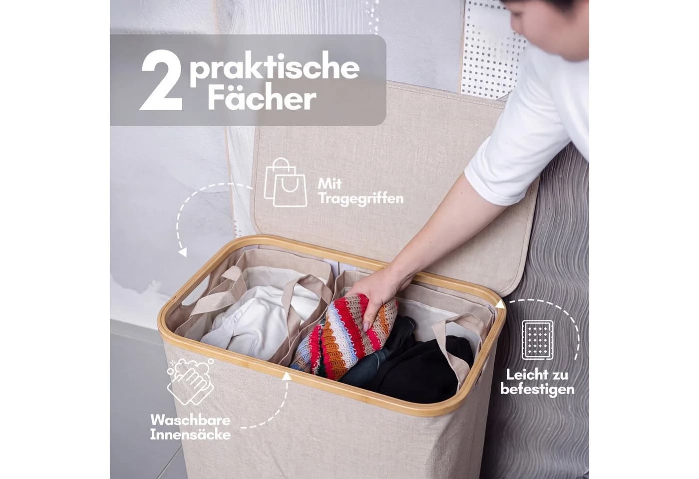 Björn&Schiller Wäschekorb mit Deckel 105L 2 Fächer Beige/Rosa - Bild 3