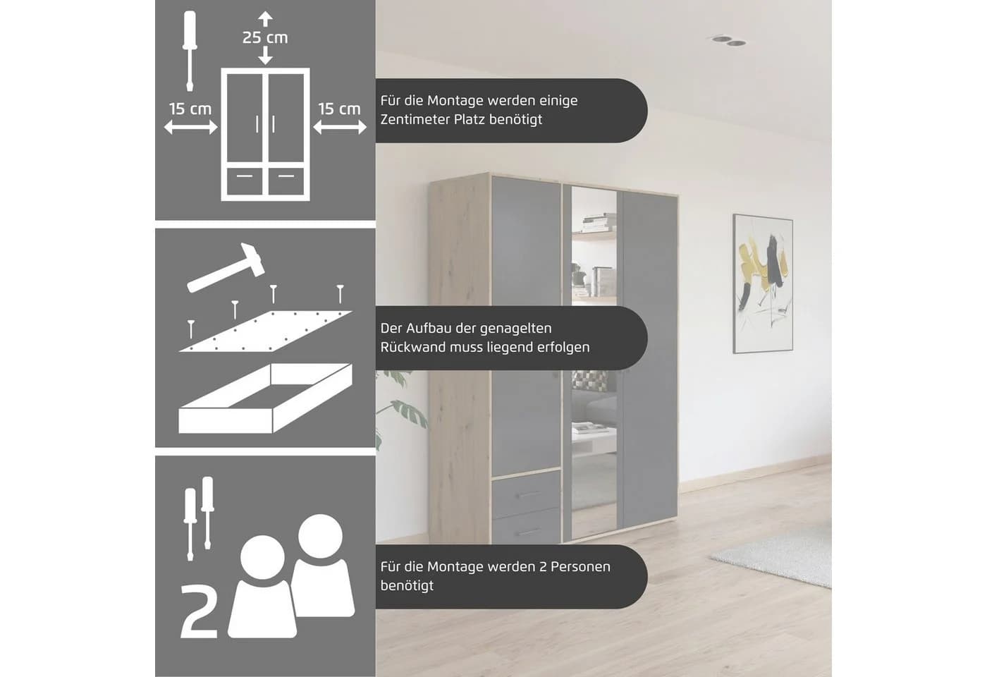 Rauch Drehtürenschrank Kleiderschrank Garderobe Wäscheschrank Voyager Graumetallic Eiche - Bild 4